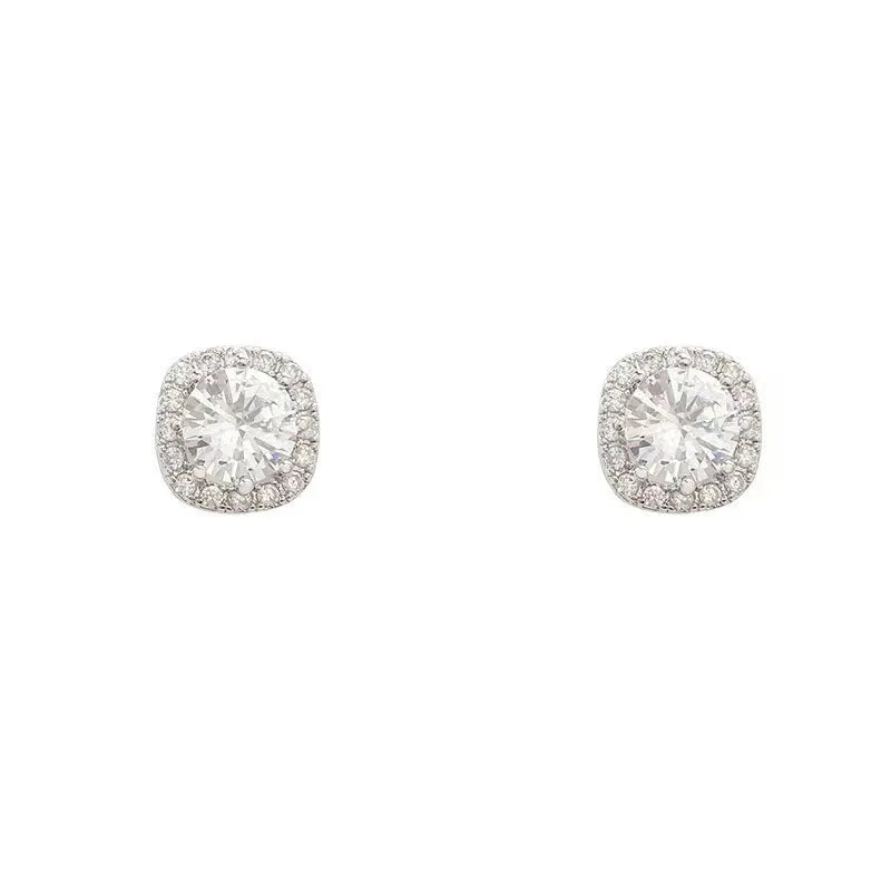 A pair of square, geometric diamond-treated alloy earrings in a gold colour on a white background.