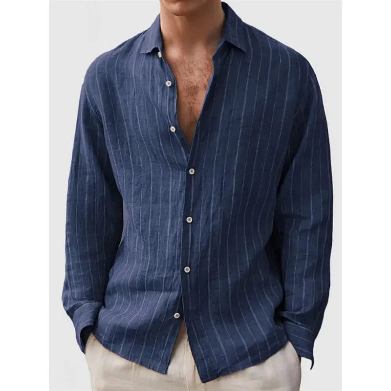 Men's loose fit striped cardigan style shirt in polyester for leisure wear