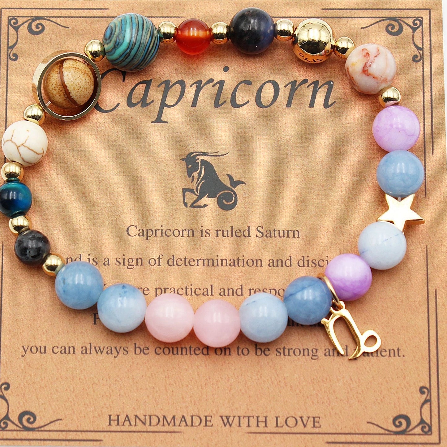 Morgan Stone beaded bracelet with twelve constellation designs, showcasing personalised zodiac signs.