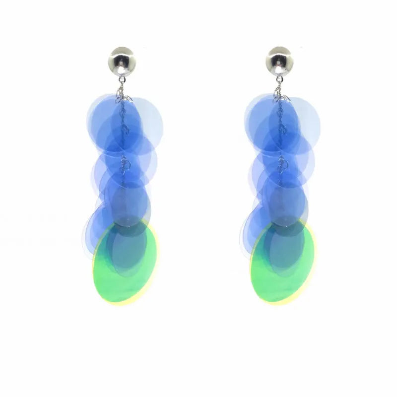 Gradient blue hand-woven long fringe earrings with artificial crystal and sterling silver needle on white background