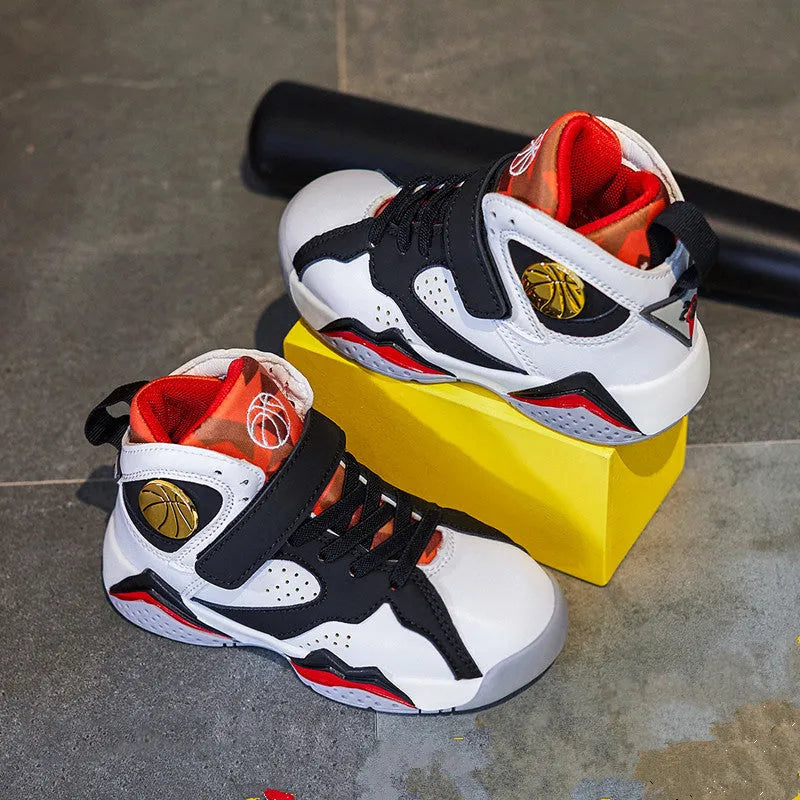Boys artificial leather running shoes in white and red colourway, sizes 27-37 for elementary school