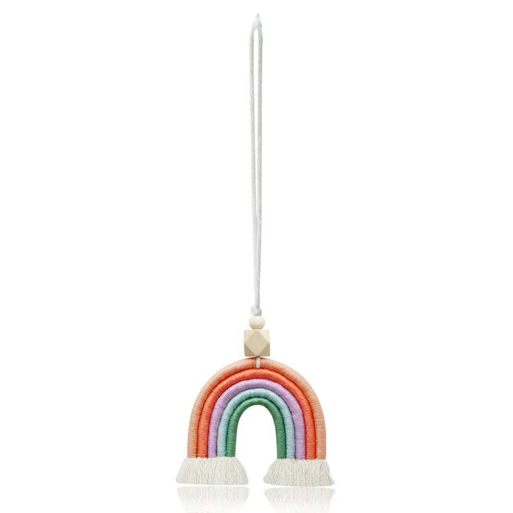 Vintage bohemian handwoven rainbow car pendant with tassel in blue, pink, grey, or red