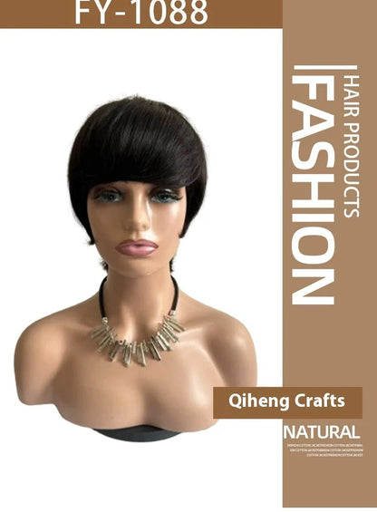 Short straight human hair wig with side bangs in natural black colour, showing 30cm length and realistic hairline