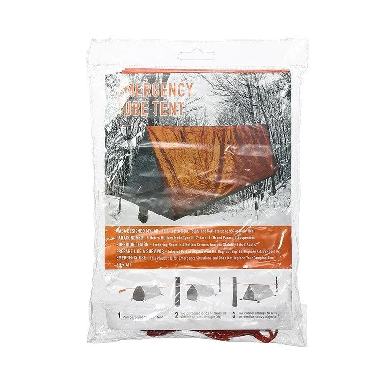 Emergency disaster relief tent kit with orange tent, sleeping bag, raincoat and safety whistle