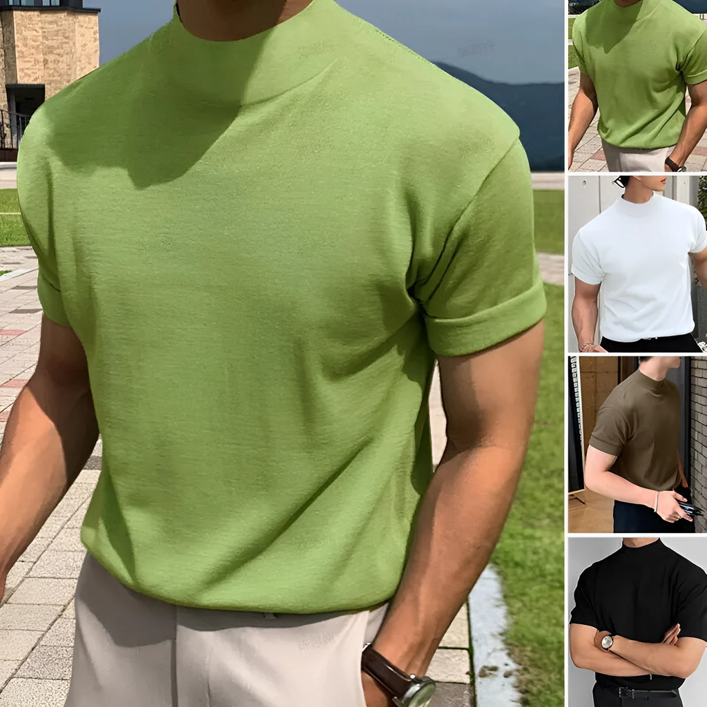 Men's solid colour turtleneck short sleeve t-shirt in white, available in sizes S-4XL from multiple angles