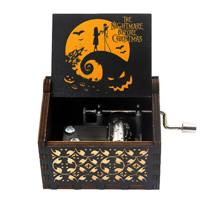 Antique boxwood music box with hand crank and yin carved Spirited Away landscape flowers, 10 cm tall wooden decoration