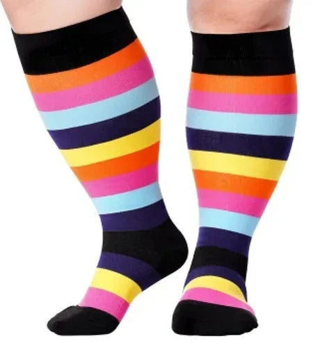 Plus-size compression socks in various stylish patterns for improved leg health and comfort