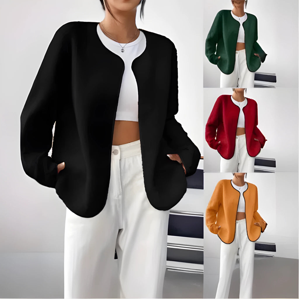 Women's fashion casual solid colour cardigan short jacket in brick red, medium thickness polyester fabric, long sleeves, regular fit