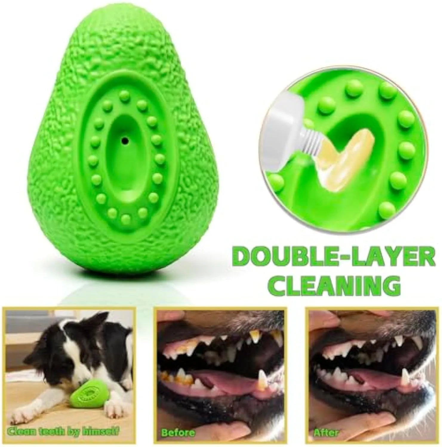 Green avocado-shaped natural rubber dog chew toy with textured surface for teeth cleaning