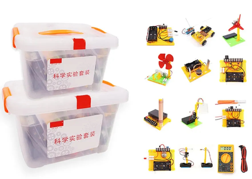 DIY electronic science experiment set with solar fan, hand generator, motor, and doorbell plastic components for kids aged 7-14