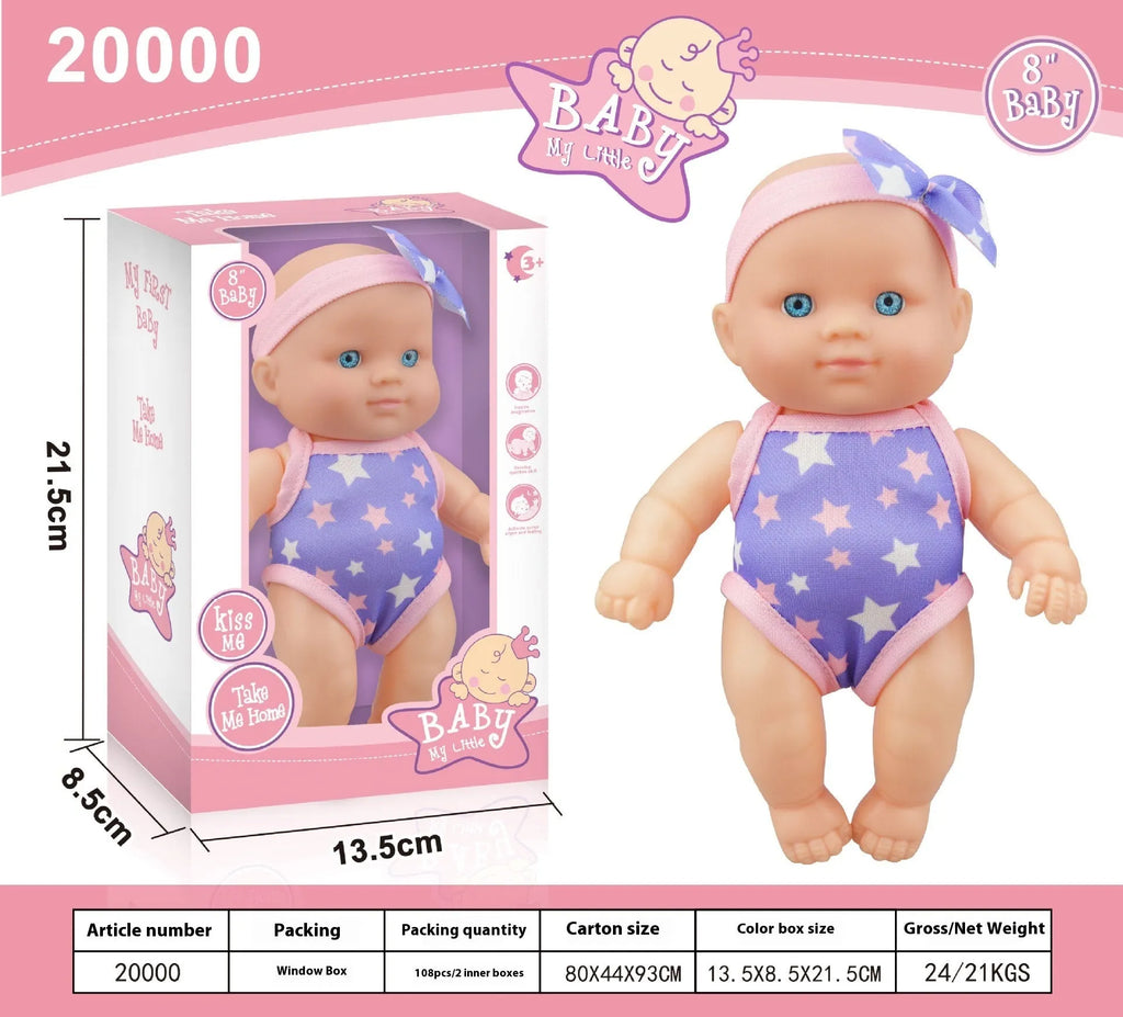 A detailed vinyl simulation baby figurine doll, showing its realistic features and proportions.