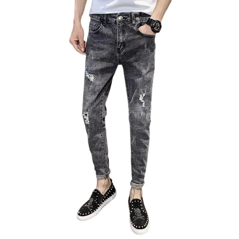 Men's high-waisted denim jeans in casual style with button fly and elastic fabric