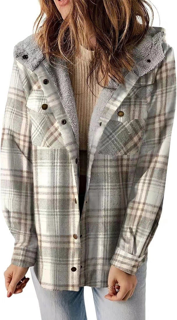 Casual plaid hooded woolen coat with fleece lining in various colours