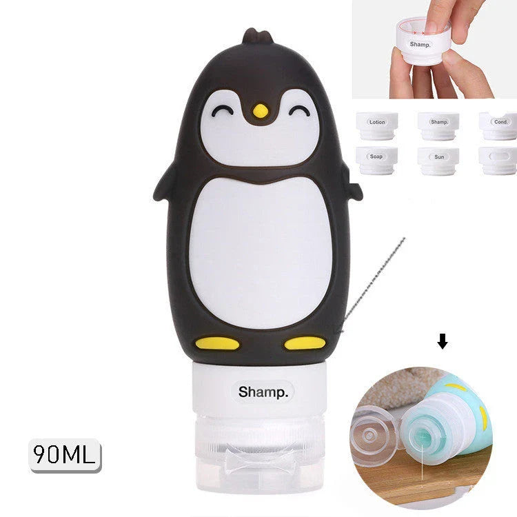 Portable travel bottles in various animal-themed designs for storing toiletries and liquids