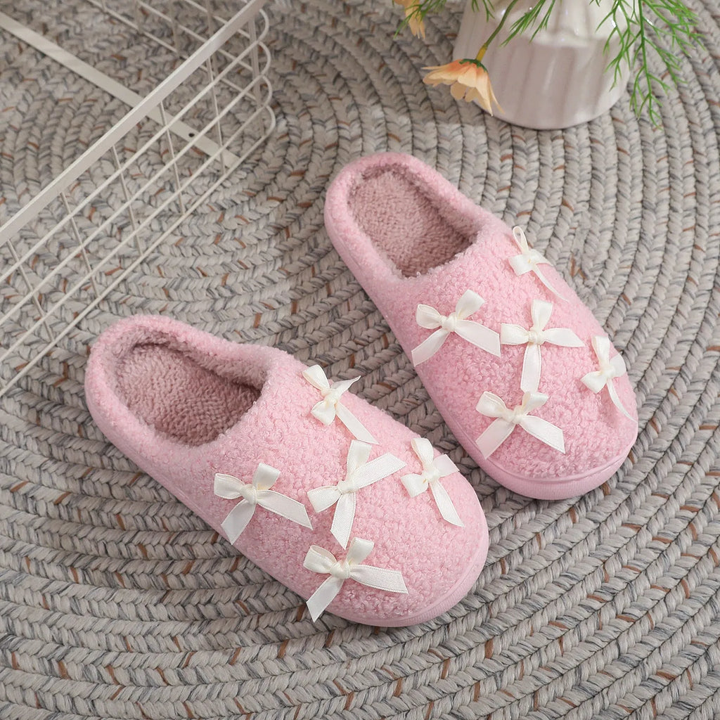 Women's cute bow slippers with thickened plush upper and artificial wool inner, in white, flat heel style