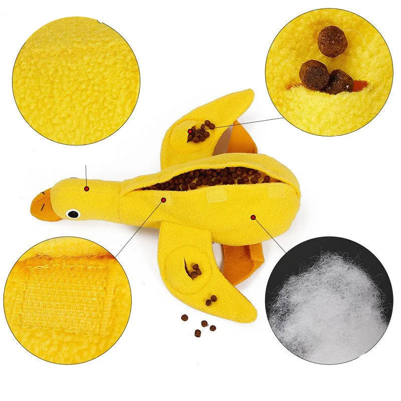 Yellow teddy dog toy with duck doll attachment for training with sounds and food leaks