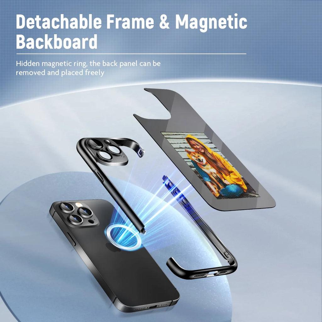 Black plastic flip phone case for iPhone 15 Pro with visible NFC chip and blank ink screen panel for DIY designs.