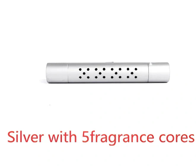 Silver aluminium alloy car vent clip-on air freshener, 83x13mm size, 46g, with replaceable fragrance cores