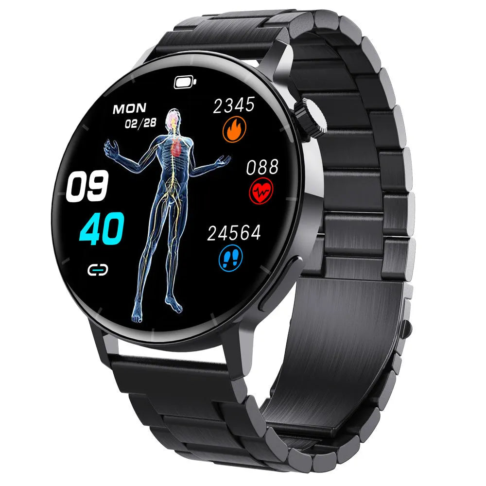 F67S smart watch displaying health metrics on IPS screen with black leather strap