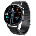 F67S smart watch displaying health metrics on IPS screen with black leather strap