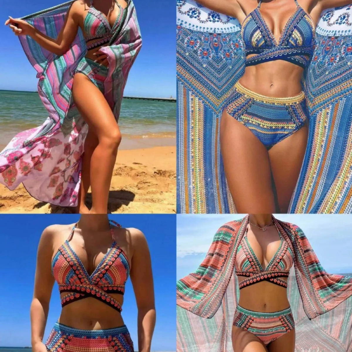 Women's three-piece swimsuit with cross bandage design and high waist in multiple colour options