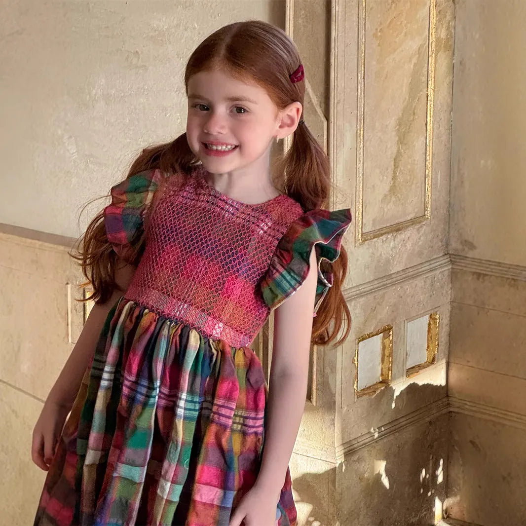 Summer girls' retro plaid sleeveless cotton dress in coffee plaid, available in sizes 90cm to 140cm