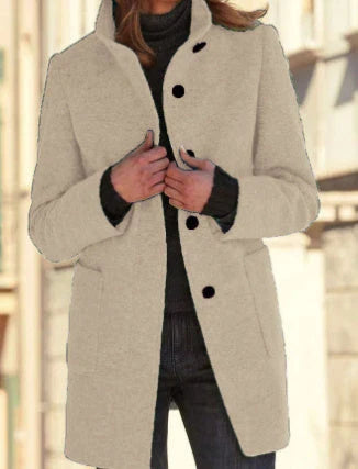 Stylish wool coat with stand collar and pockets, available in various colors for casual fall and winter wear.