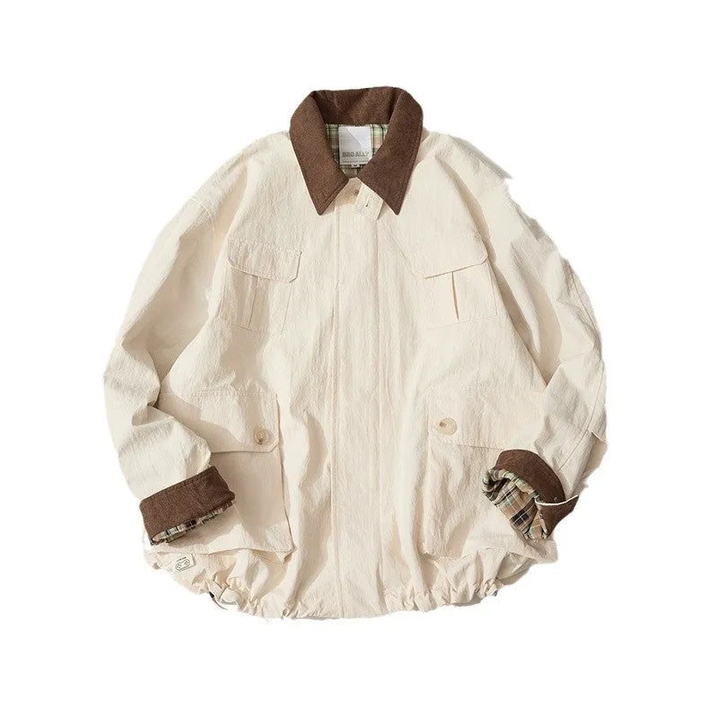 Green casual polyester jacket with side seam pockets on a person, showing front view