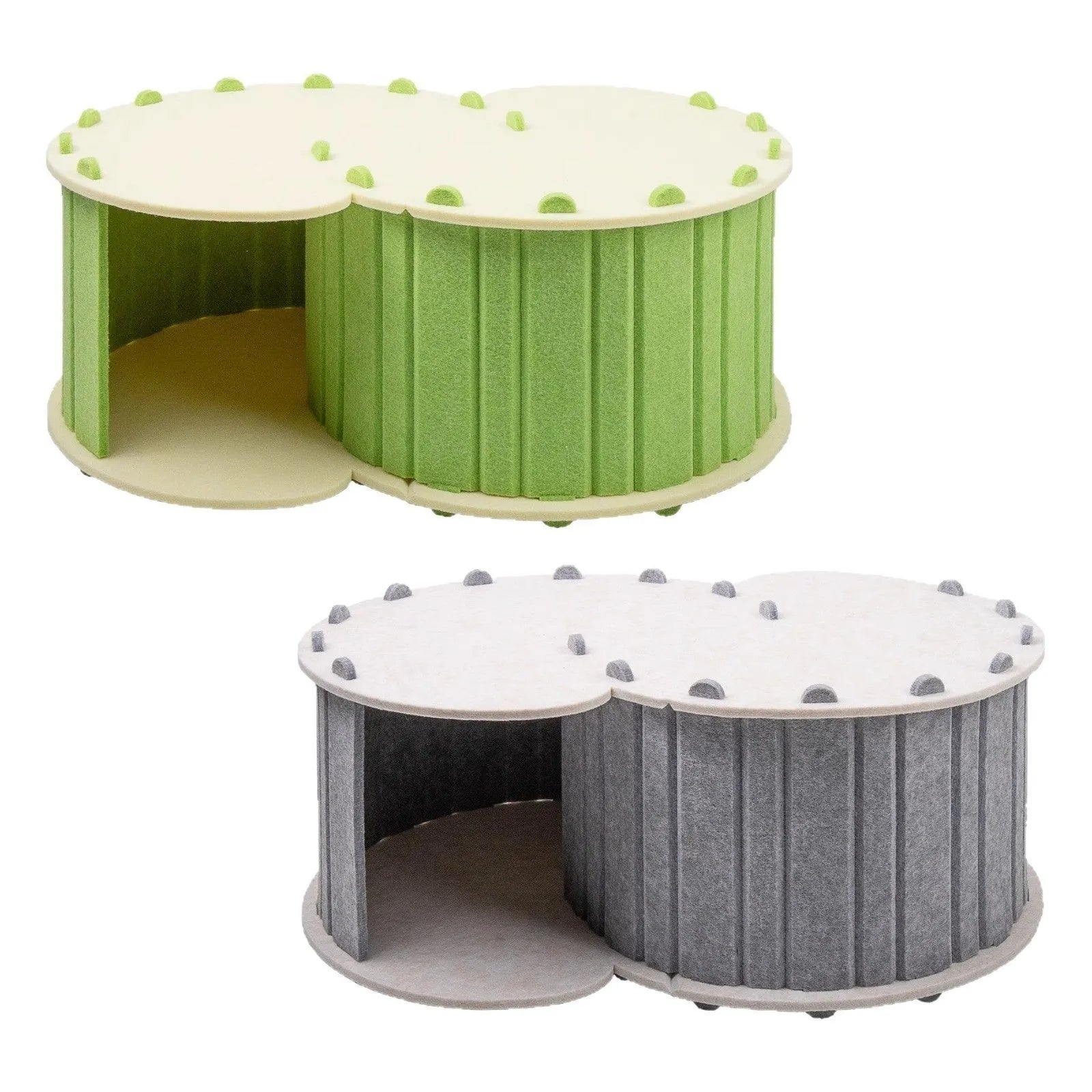 Foldable semi-closed felt cat scratch board nest in camel colour, 58x40x24 cm, on a light background