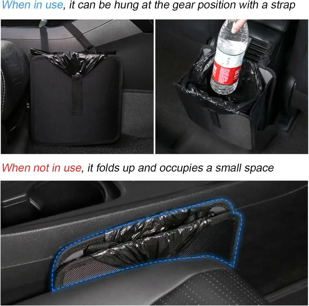Black Oxford cloth car folding trash can showing expanded 22cm square shape and hanging strap