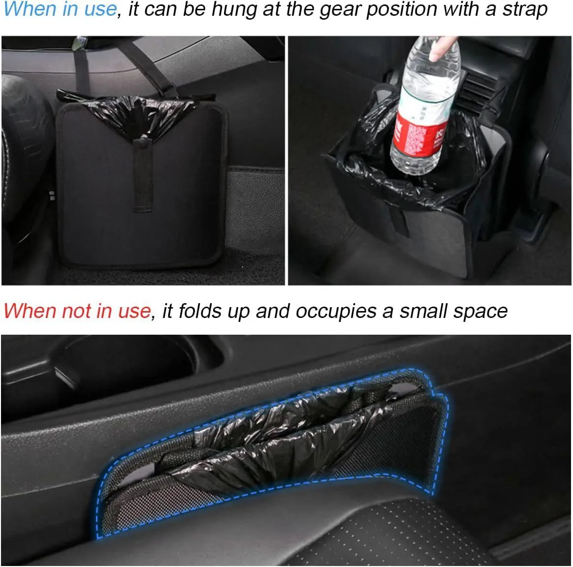 Black Oxford cloth car folding trash can showing expanded 22cm square shape and hanging strap