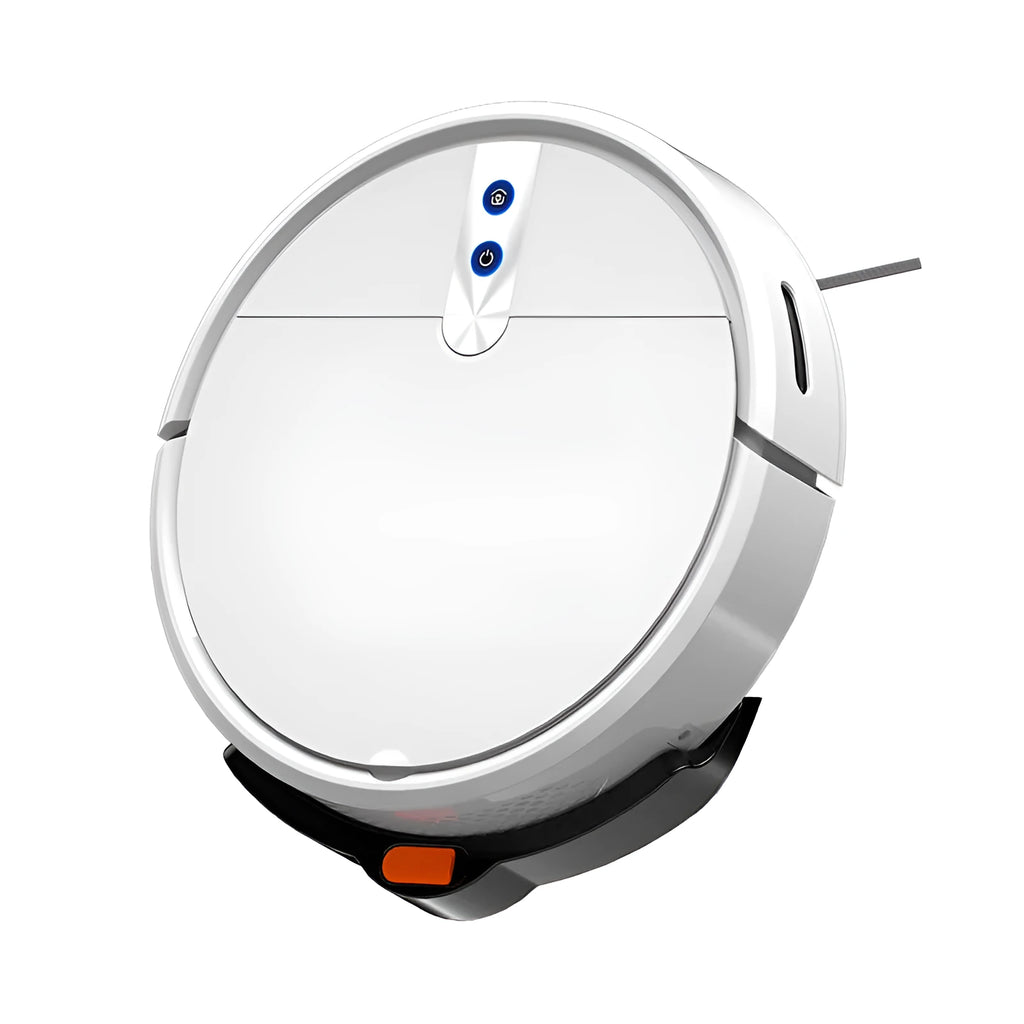 Black and white intelligent sweeping robot vacuum cleaner with remote control on a hardwood floor.