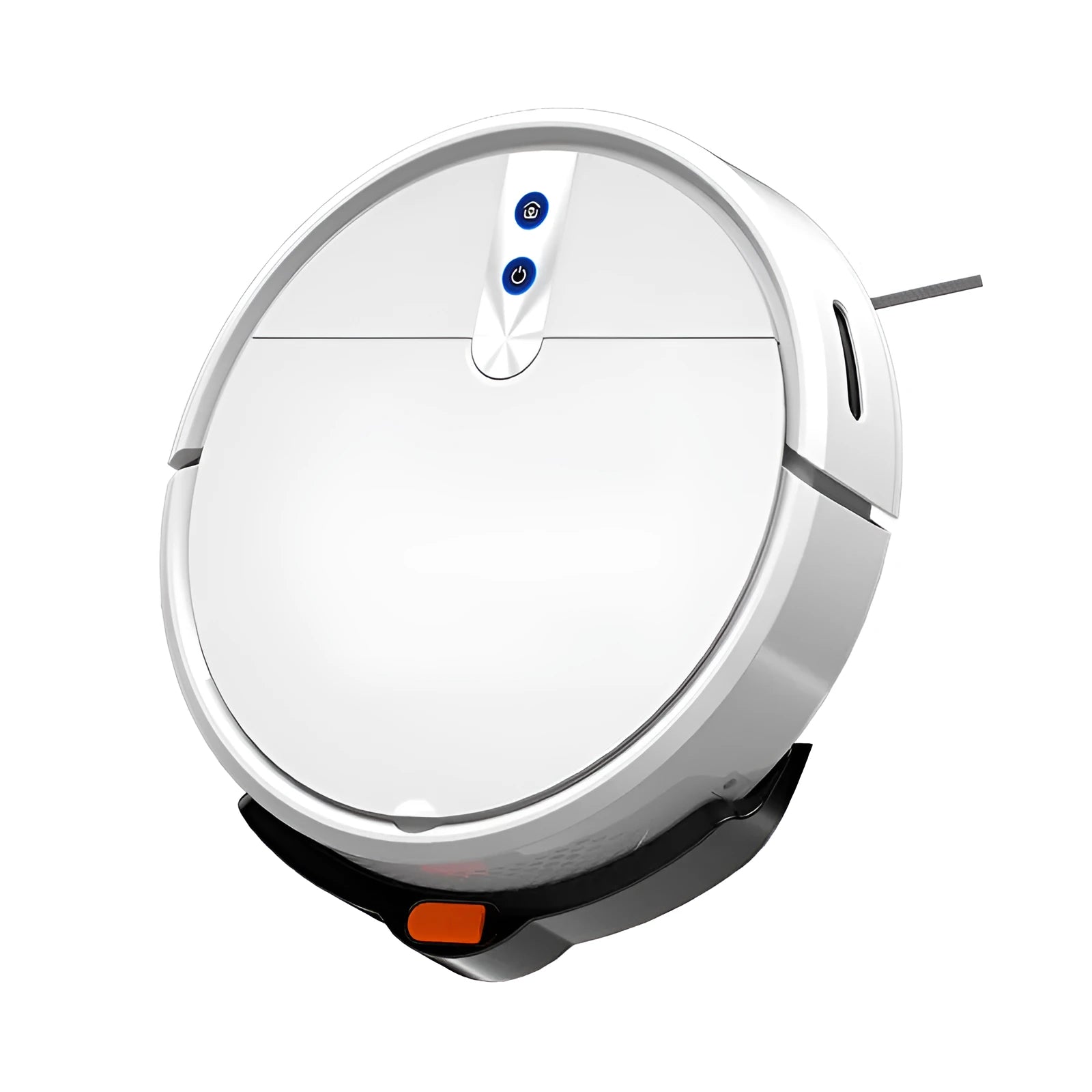 Black and white intelligent sweeping robot vacuum cleaner with remote control on a hardwood floor.