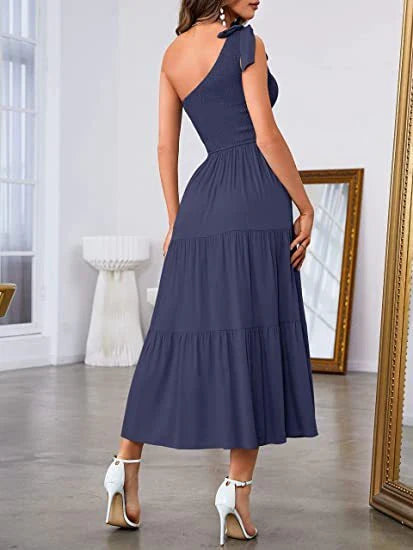 Chic One-Shoulder Pleated Dress with Leg Slits