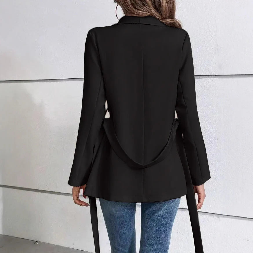 Women's slim fit long sleeve suit coat with lace-up front in black or apricot colours