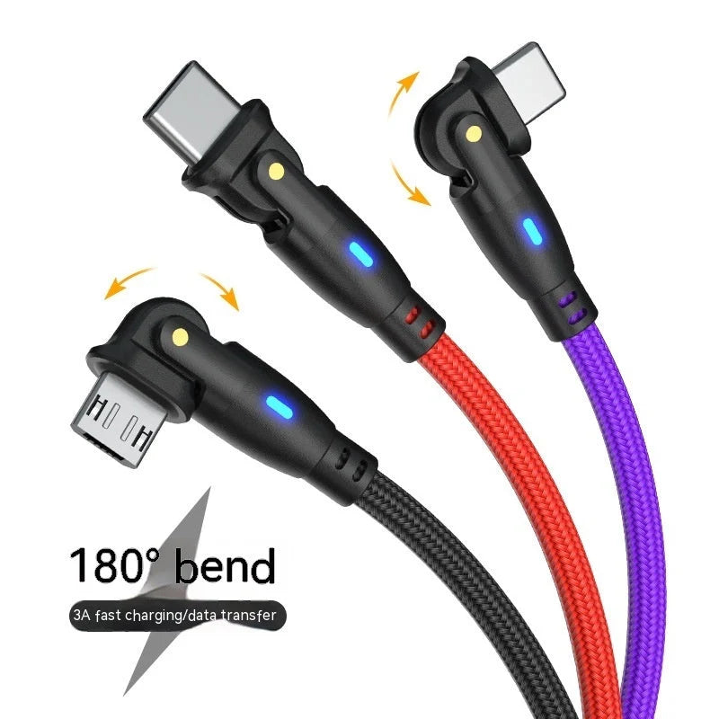 180-degree bendable fast charge data cable in black, red, and purple