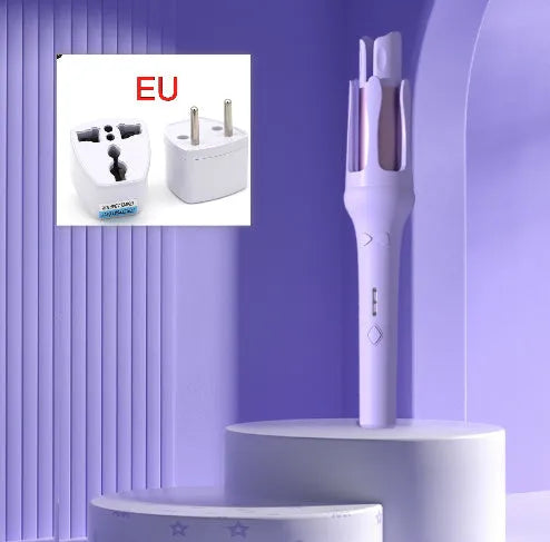 Automatic hair curler with white ceramic barrel on a stand, showing colour options.
