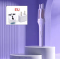 Automatic hair curler with white ceramic barrel on a stand, showing colour options.
