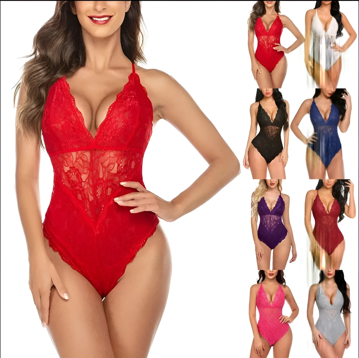 Lace bodysuit one-piece lingerie in black, polyester fibre, available in sizes S to XXL
