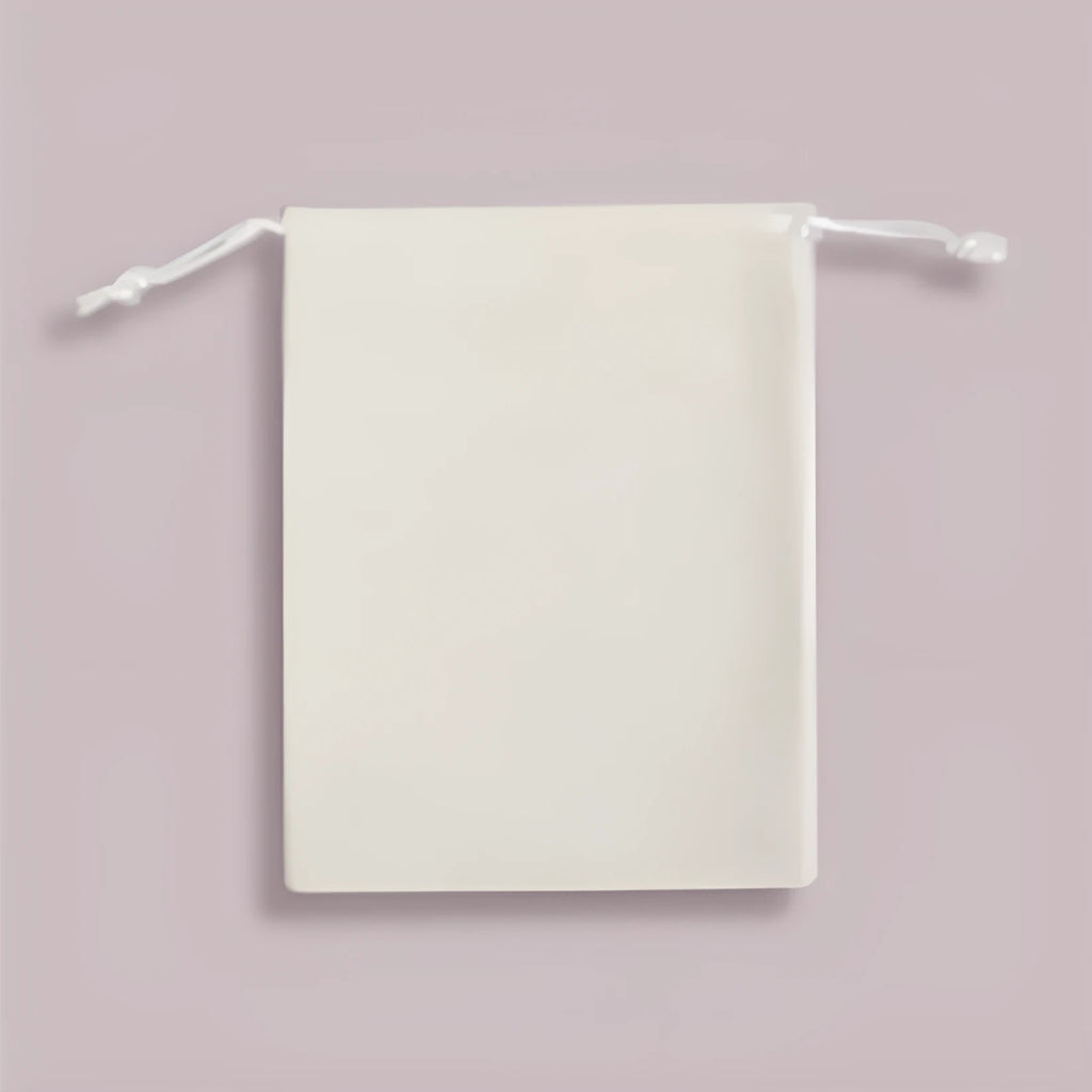 White 8x10cm fabric drawstring storage bag on plain background