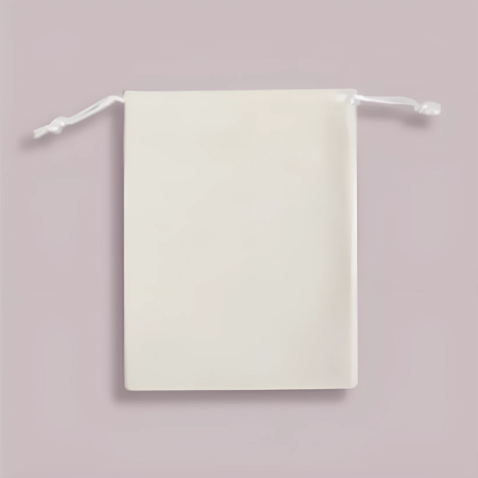 White 8x10cm fabric drawstring storage bag on plain background