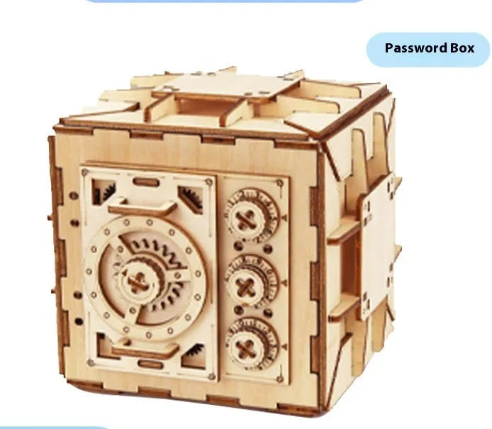 3D wooden puzzle model of a password suitcase assembled on a table, with colour box packaging