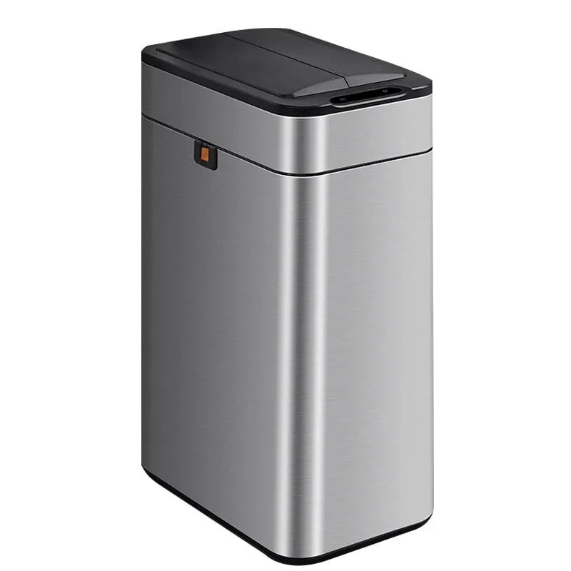 Square inductive smart trash can in stainless steel or white with touchless lid and deodorant function