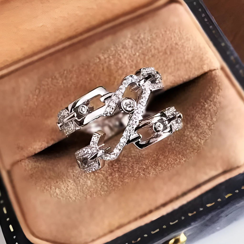 Niche clip design ring for women, copper geometric band with inlaid zircon stone, white gold colour, sizes No 6 to No 10