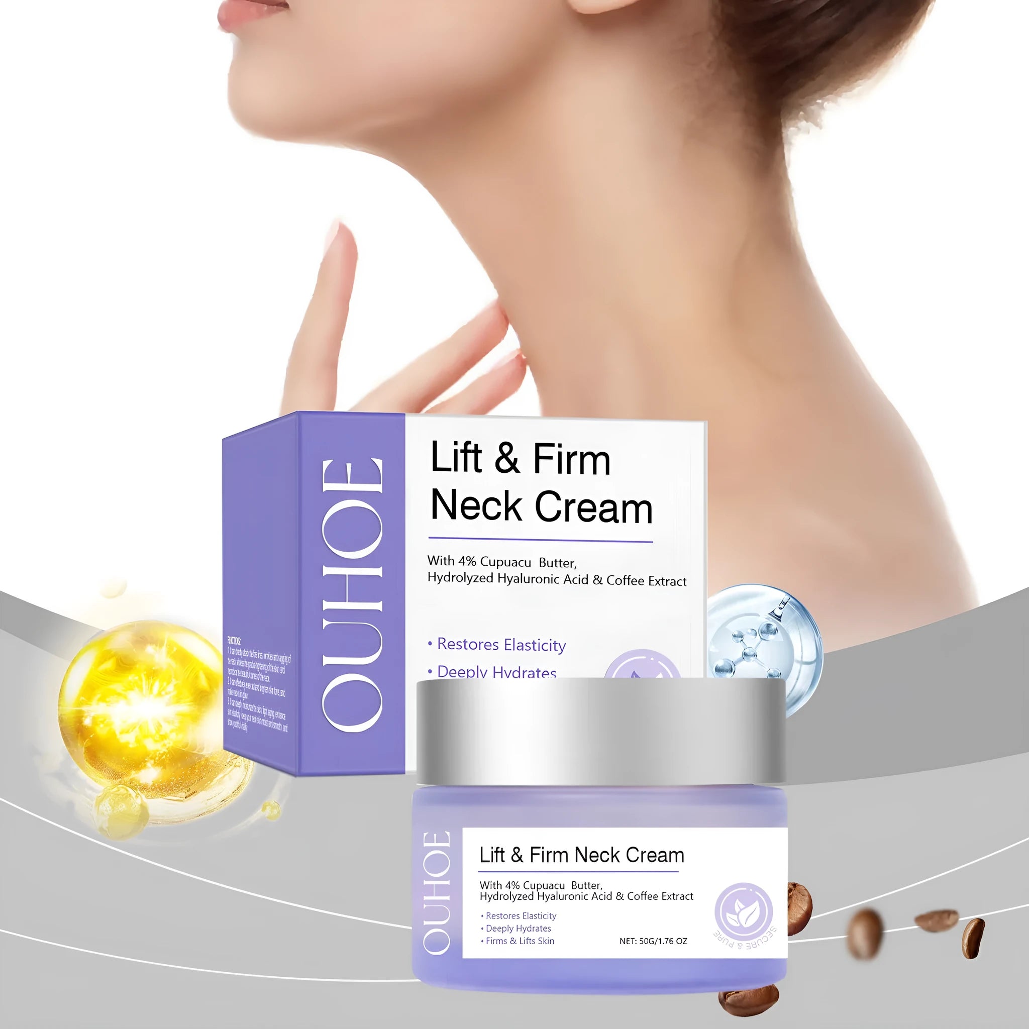 A 50g jar of neck skin cream for moisturising and firming, showing the compact 6x6x3.8 cm size.