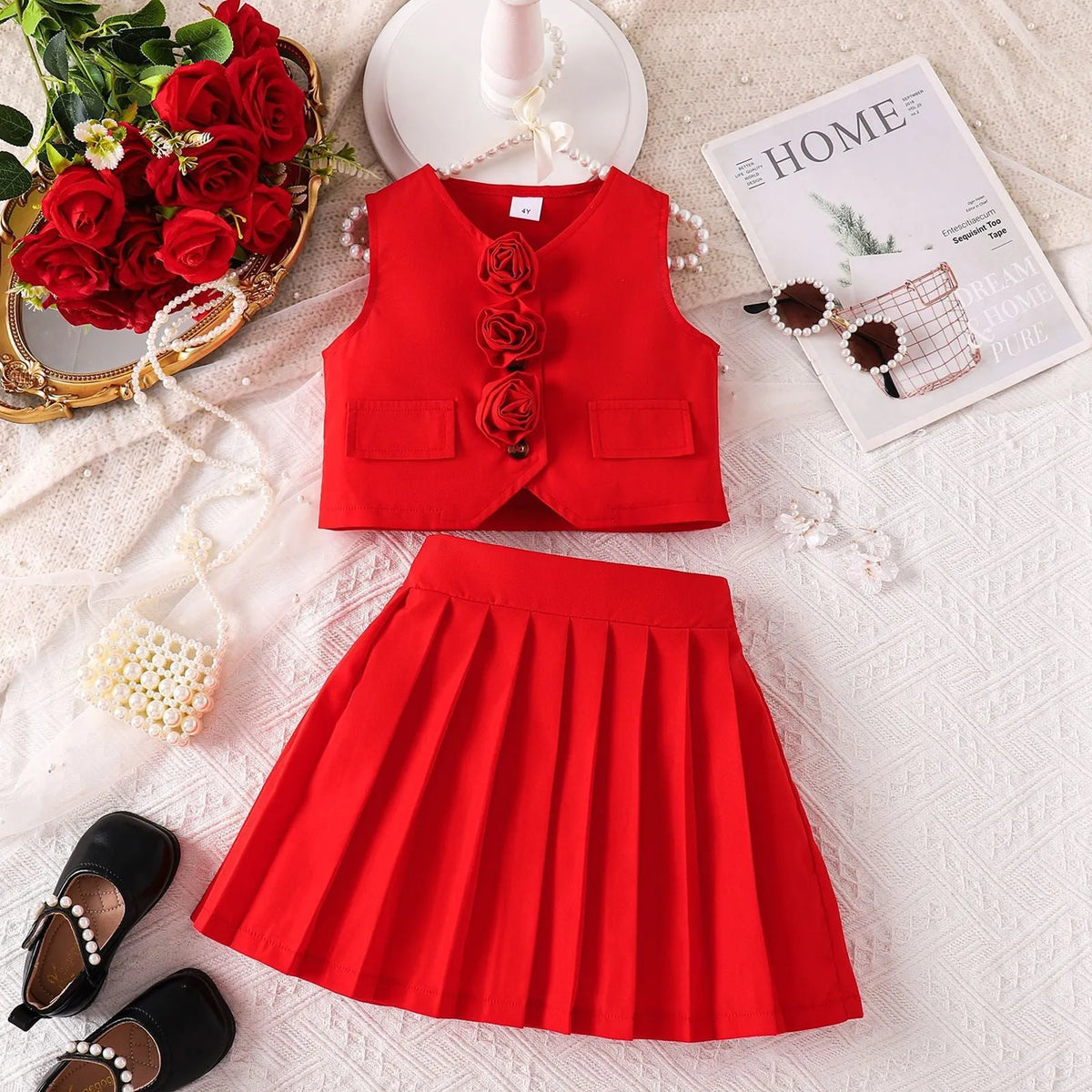 Girls suit vest and pleated skirt set in solid red colour, polyester fabric, front view