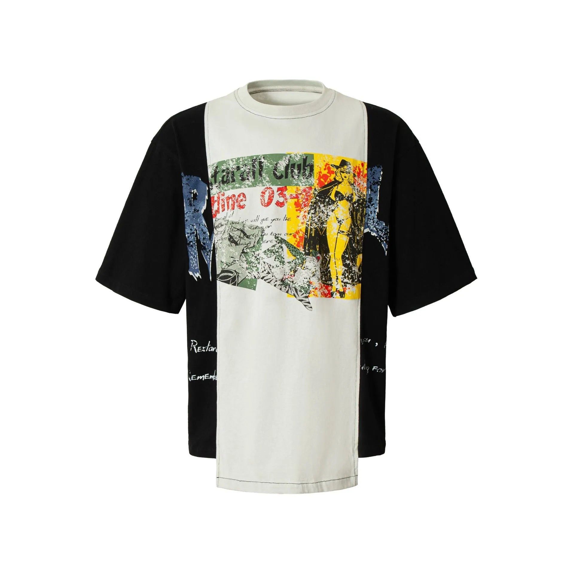 Black and white deconstruction print on a loose-fit cotton blend T-shirt with short sleeves.