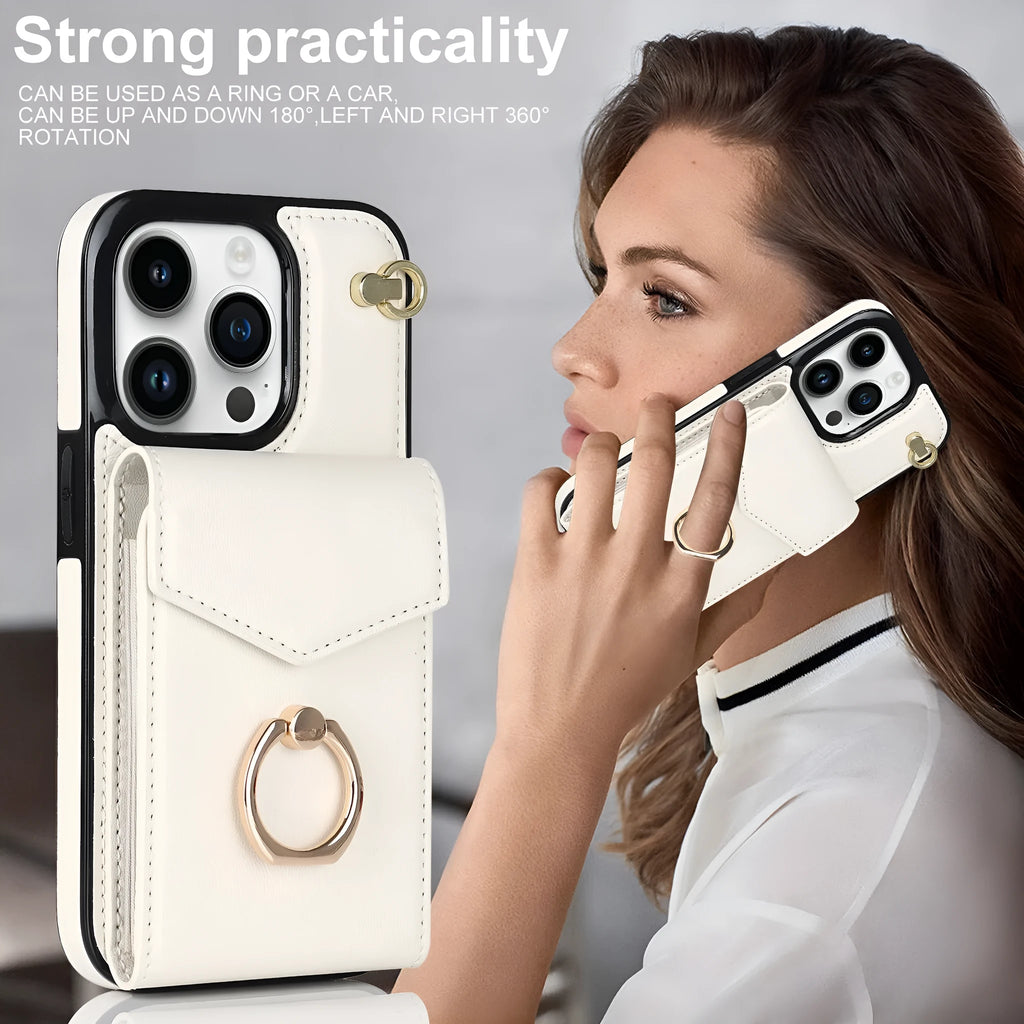 PU leather phone case with card slot and bracket for iPhone 15 16 series, rose gold finish on black background