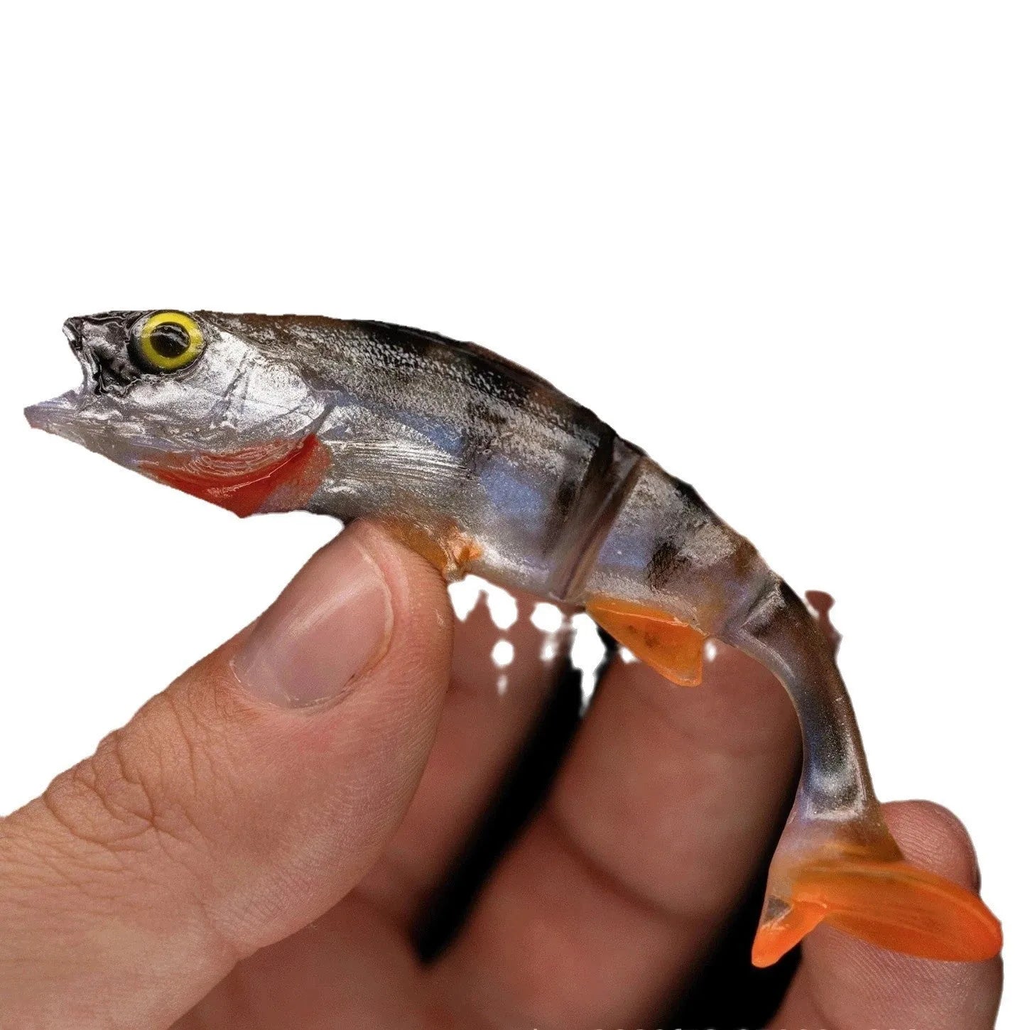Two T-tail catfish soft fishing lures showing fish colour pattern and design details