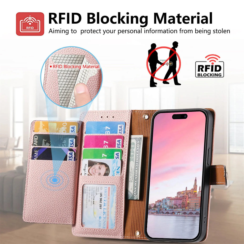 Pink PU leather litchi pattern RFID anti-theft lanyard phone case for iPhone with short lanyard and kickstand